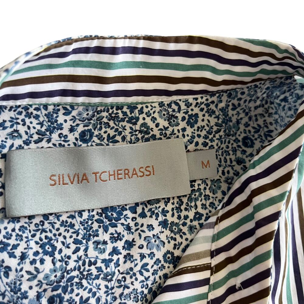 Silvia Tcherassi Celestia Belted Puff Sleeve Striped White Blue Blouse Size M - Picture 6 of 16